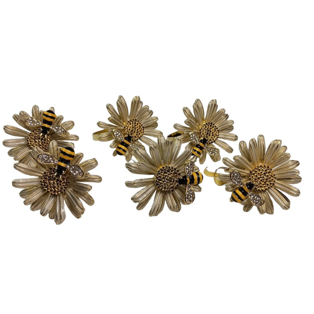 Daisy Flower and Bee Napkin Ring Holders Set of Six